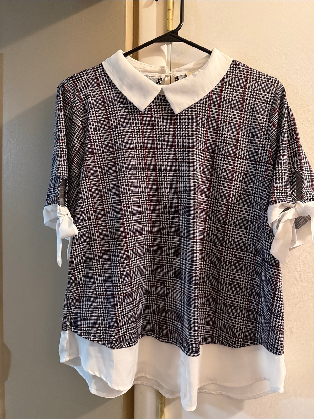 Faith and Joy Black & White Plaid Bow Sleeve Blouse - Picture 6 of 6